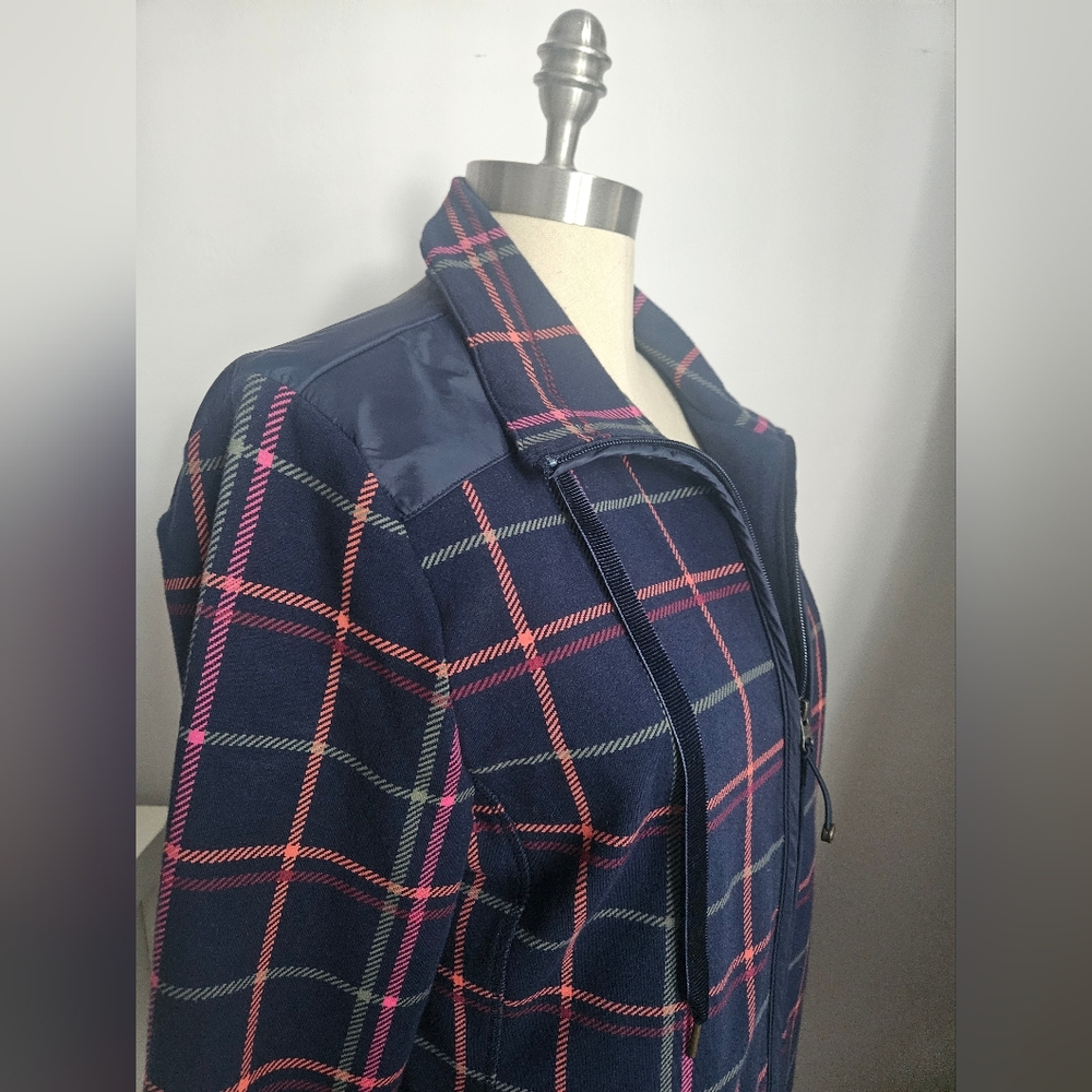 TALBOTS Pink & Green Tattersall Plaid Navy Fleece Field Jacket | SZ L - Picture 7 of 16